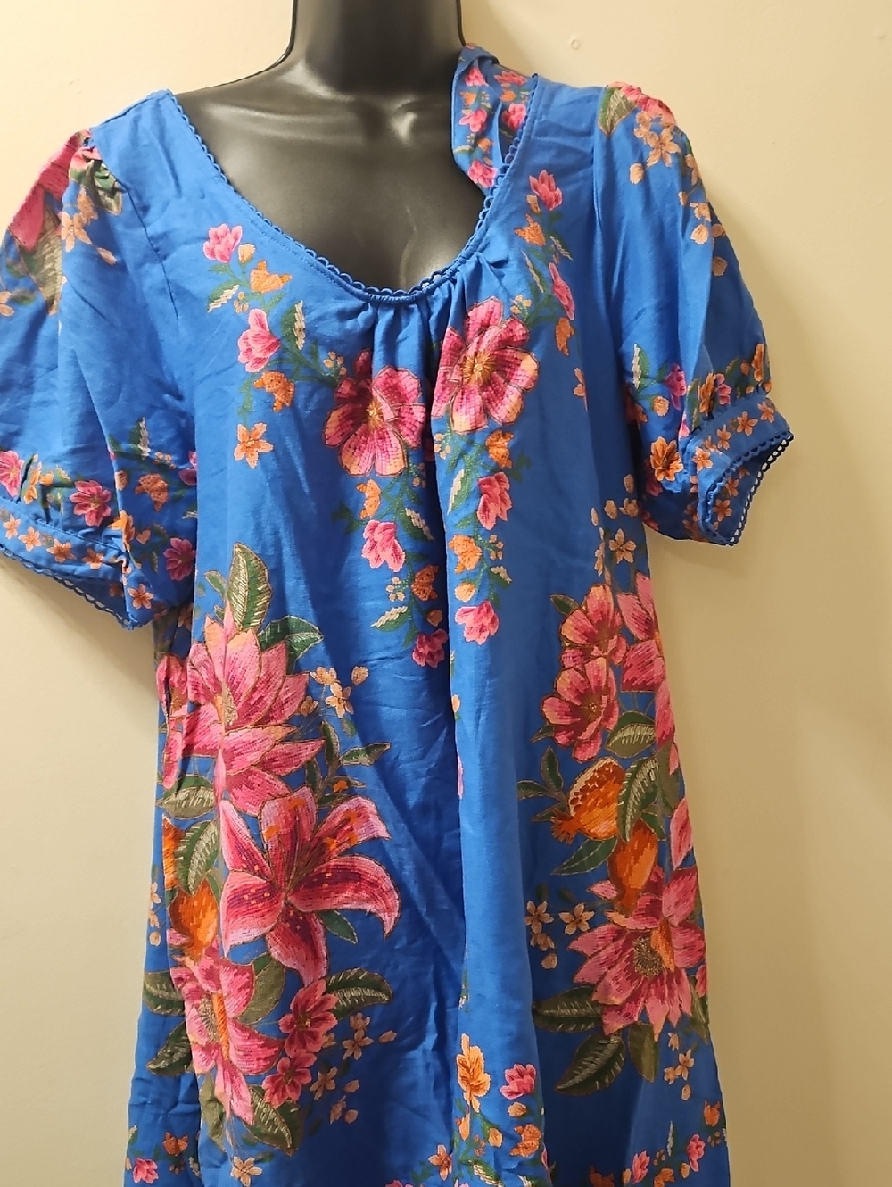 FARM Rio Bright Blue Floral Tunic with Pink Blooms